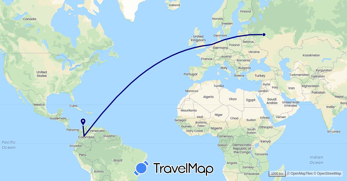 TravelMap itinerary: driving in Colombia, Netherlands, Russia (Europe, South America)